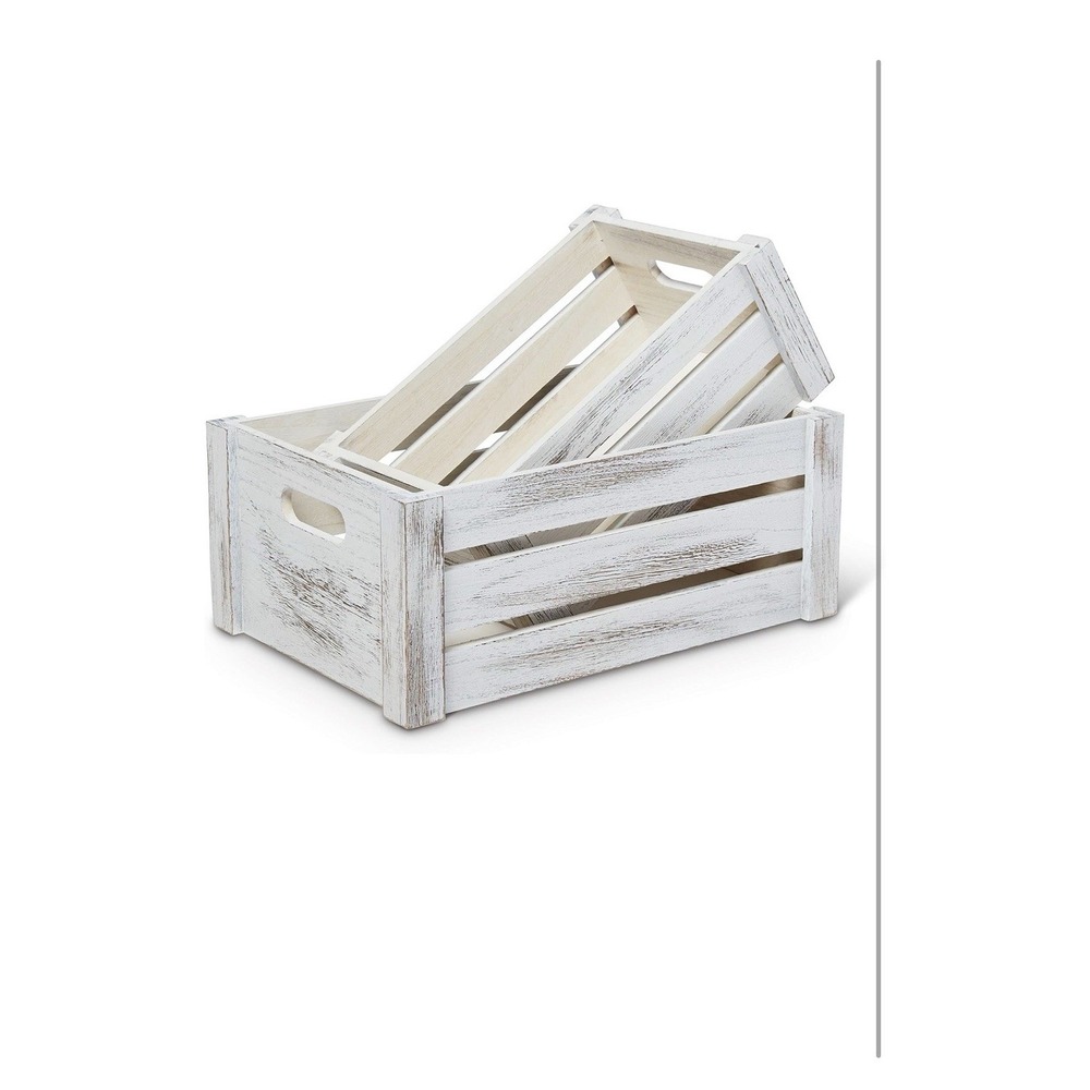Farmhouse Wooden Crate Set | Whitewashed Nesting Storage Boxes Set of 2 - Picture 9 of 15